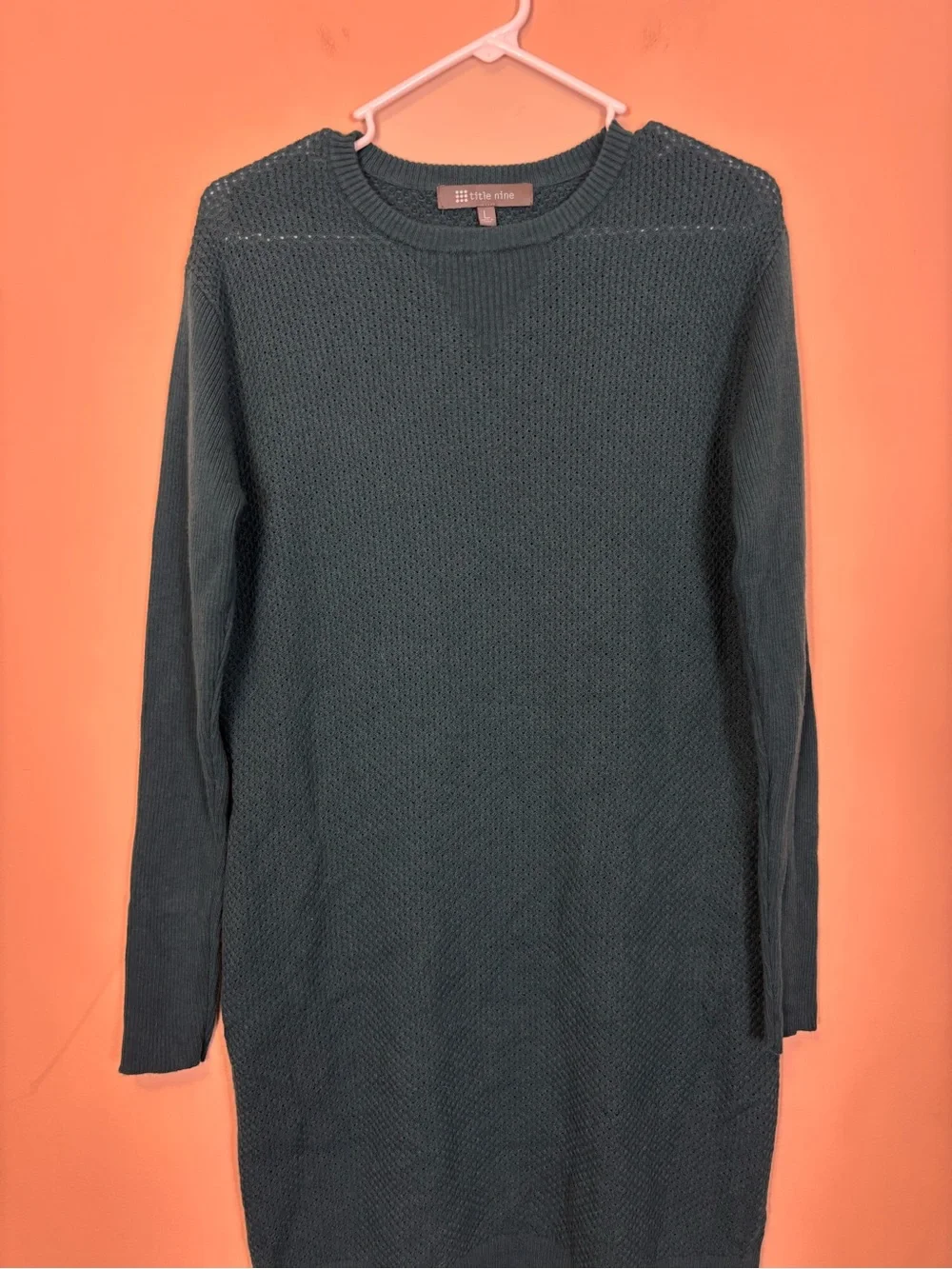 Title Nine Women's Dark Teal Long-Sleeve Knit Merino Wool Sweater Dress Large